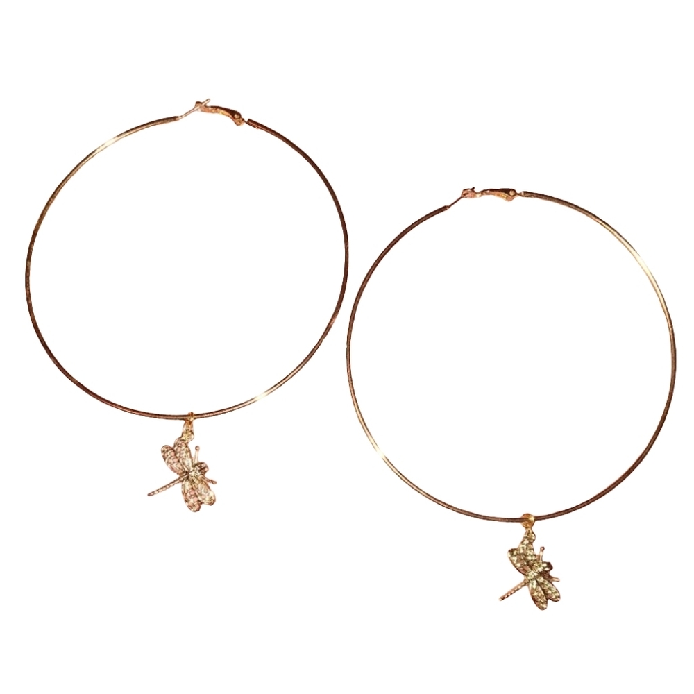 Huge Dragonfly Hoops Oversized Gold XL Hoop Earrings Dangle Charms Dragonflies